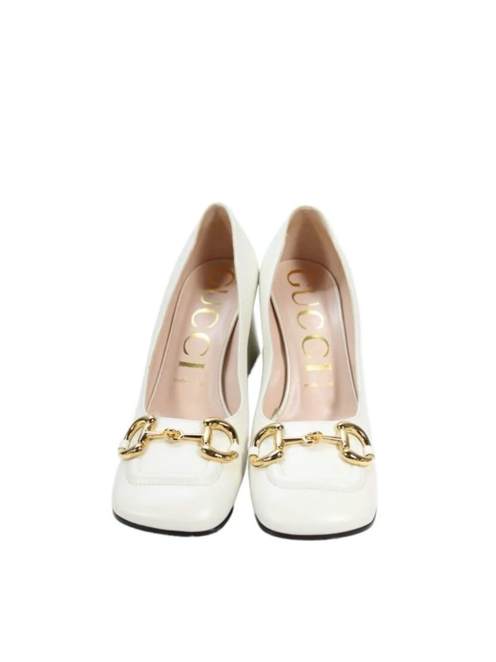 Gucci Cream Leather Horsebit Block Heel Pump